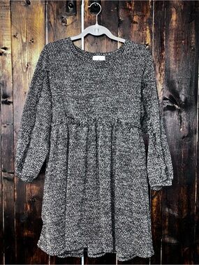 Anthropologie Black and White Textured Long-Sleeve Babydoll Dress
